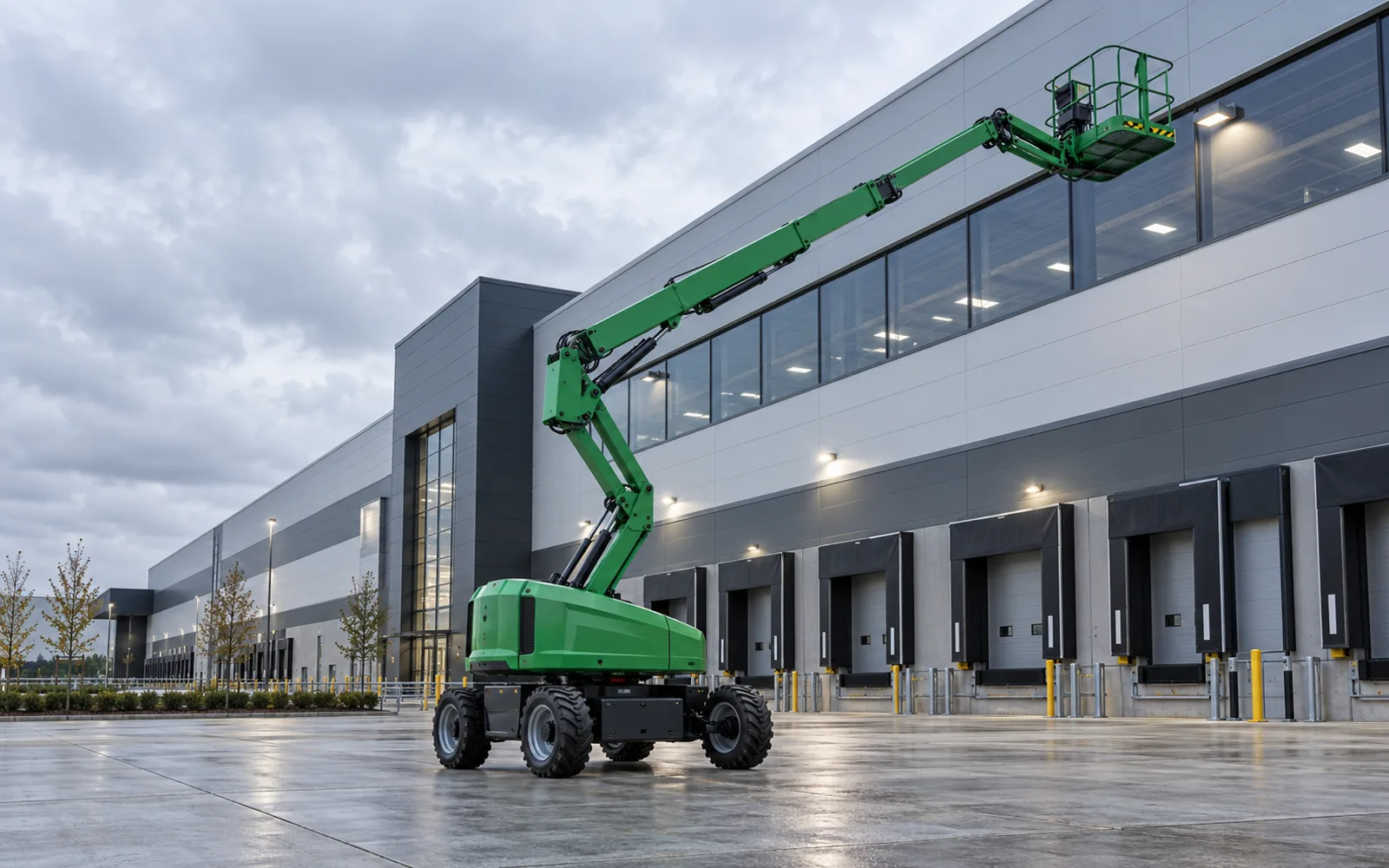 Green articulated boom lift with its basket raised beside warehouse loading bays in Milton Keynes