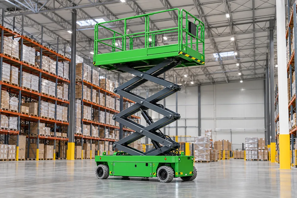 Raised green scissor lift beside pallet racking inside a Milton Keynes warehouse