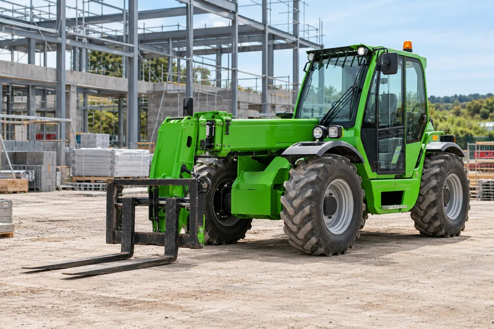 Green telehandler with lowered forks beside a steel building frame on a Milton Keynes construction site